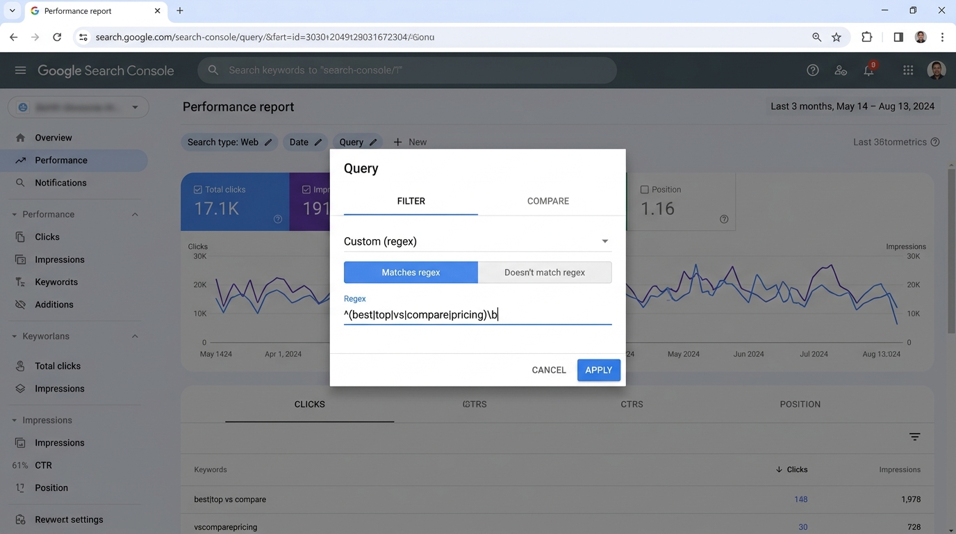 Google Search Console Query Regex Filter Dialog